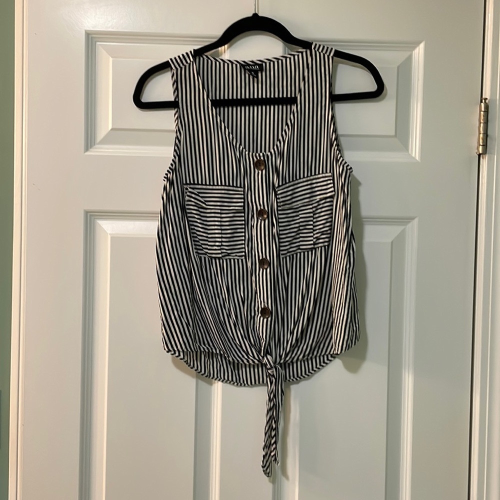 Womens black and white striped button front knotted tank top